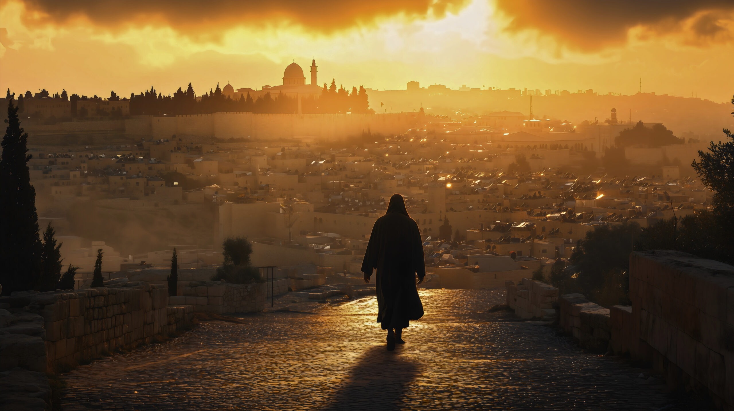 Christ walks through the bustling streets of modern-day Jerusalem, his serene figure standing out against the backdrop of towering buildings, busy markets, and the rush of urban life.