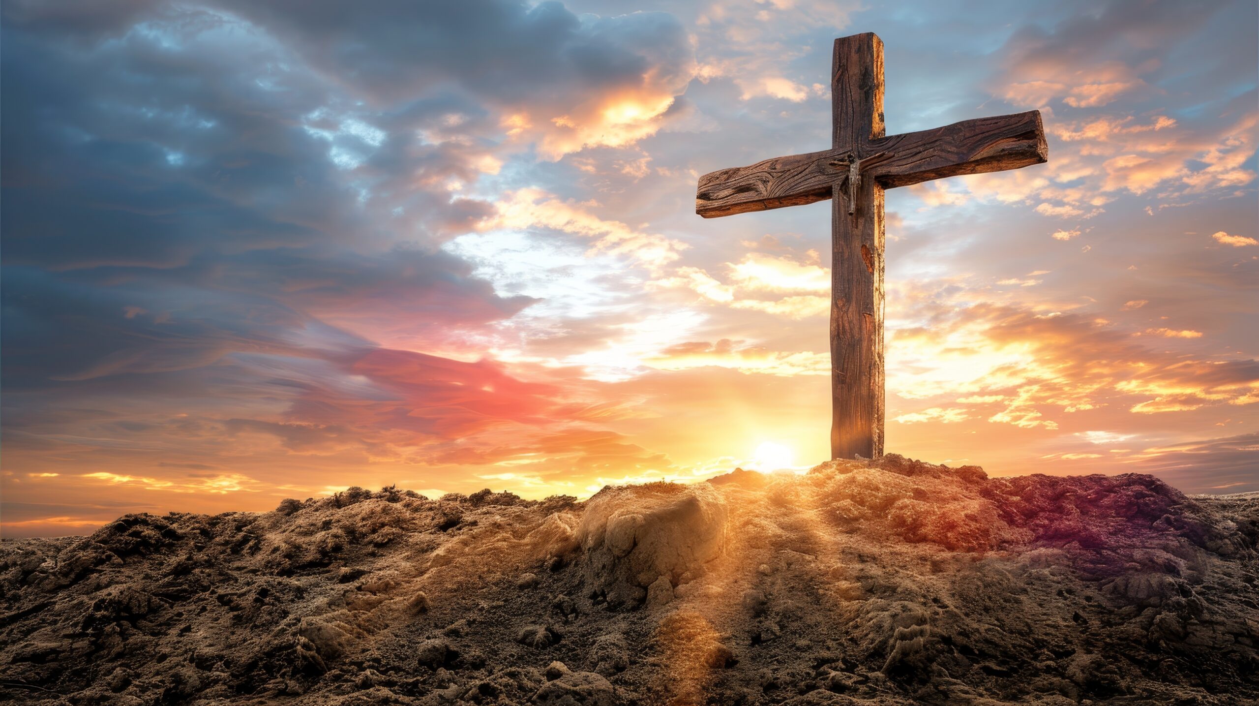 Holy cross representing jesus christ s death and resurrection above a radiant golgotha hill